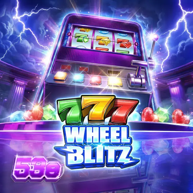 Interface do jogo de slot 777 Wheel Blitz com luzes neon e símbolos clássicos